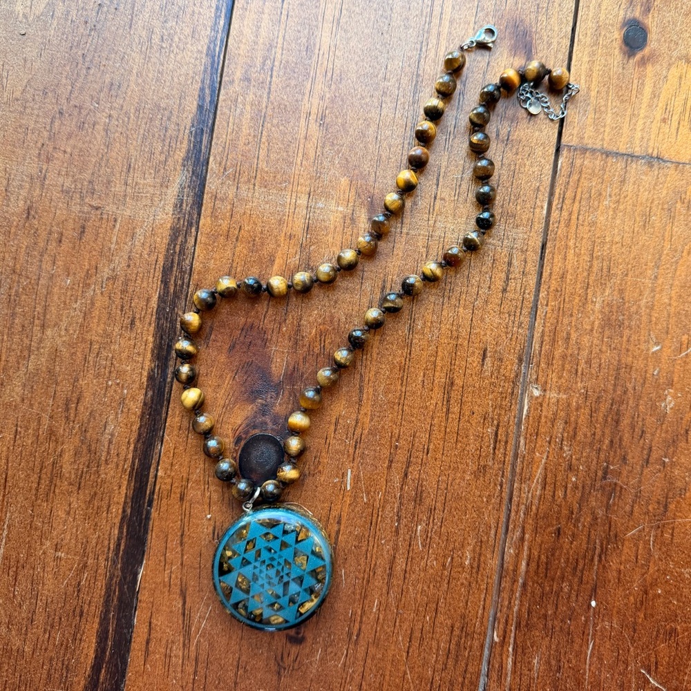 Handmade OM Beaded Necklace w/ Geometric Stone Pendant